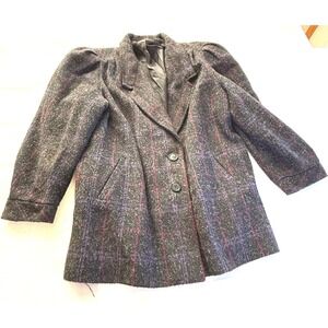Vintage 80s Wool Plaid Blazer Coat NYC New York Girl Puff Shoulder Power Jacket